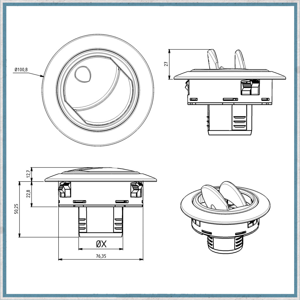 Directional Round Air Vent - Flanged, dimensions